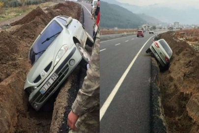 Yol çalışması için kazılan kanala otomobil düştü