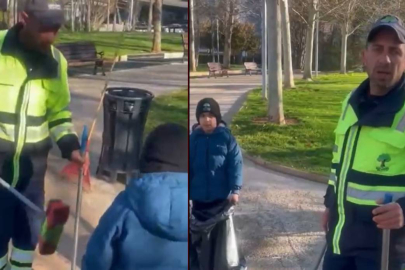 Küçük oğluyla birlikte çalışan temizlik işçisi duygulandırdı